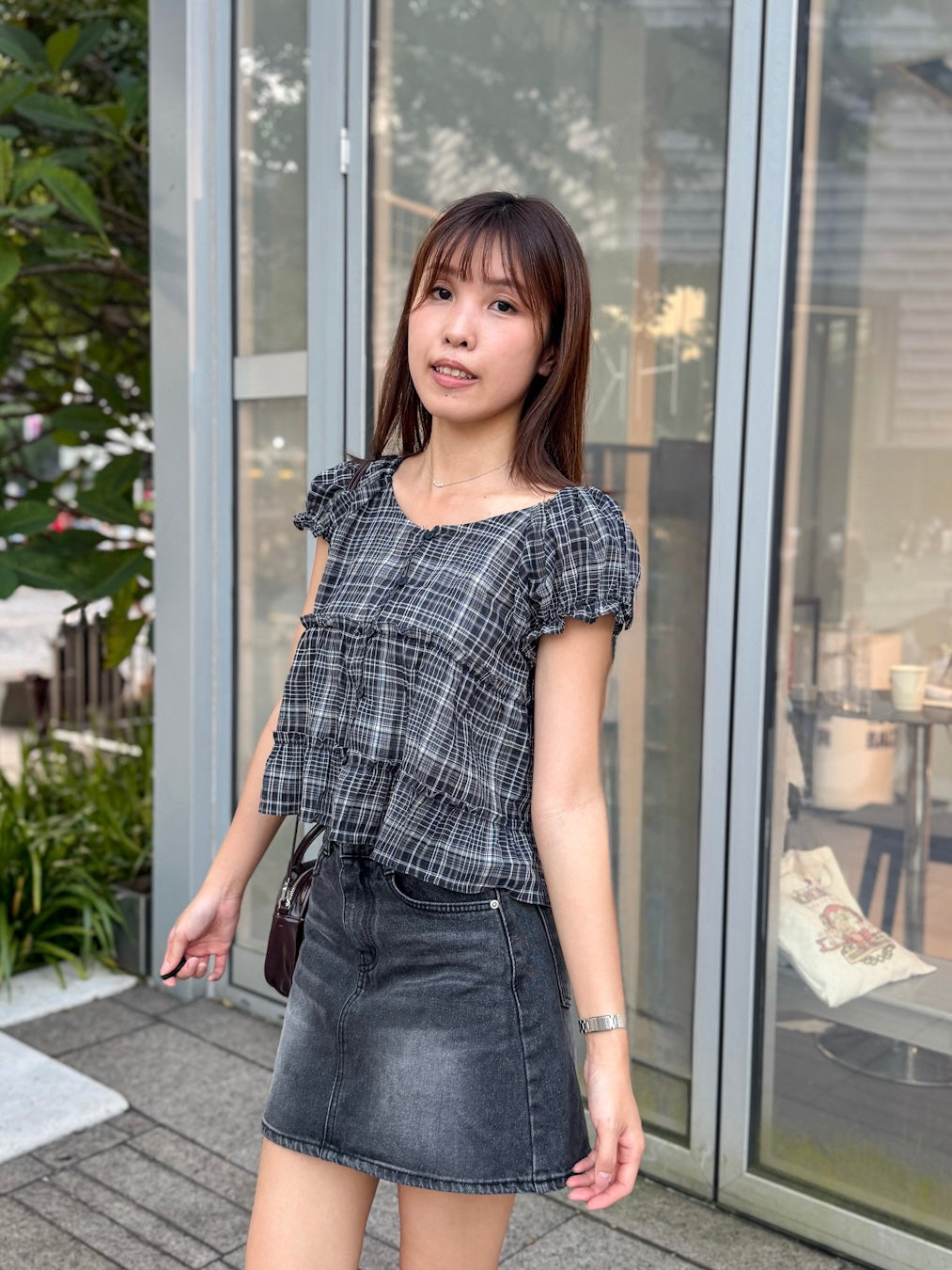 韓系女孩 格紋寬鬆上衣